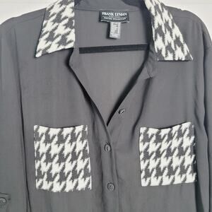 Frank Lyman Shirt 20 Plus Black Houndstooth Trim Sheer Button Drawstring Hem